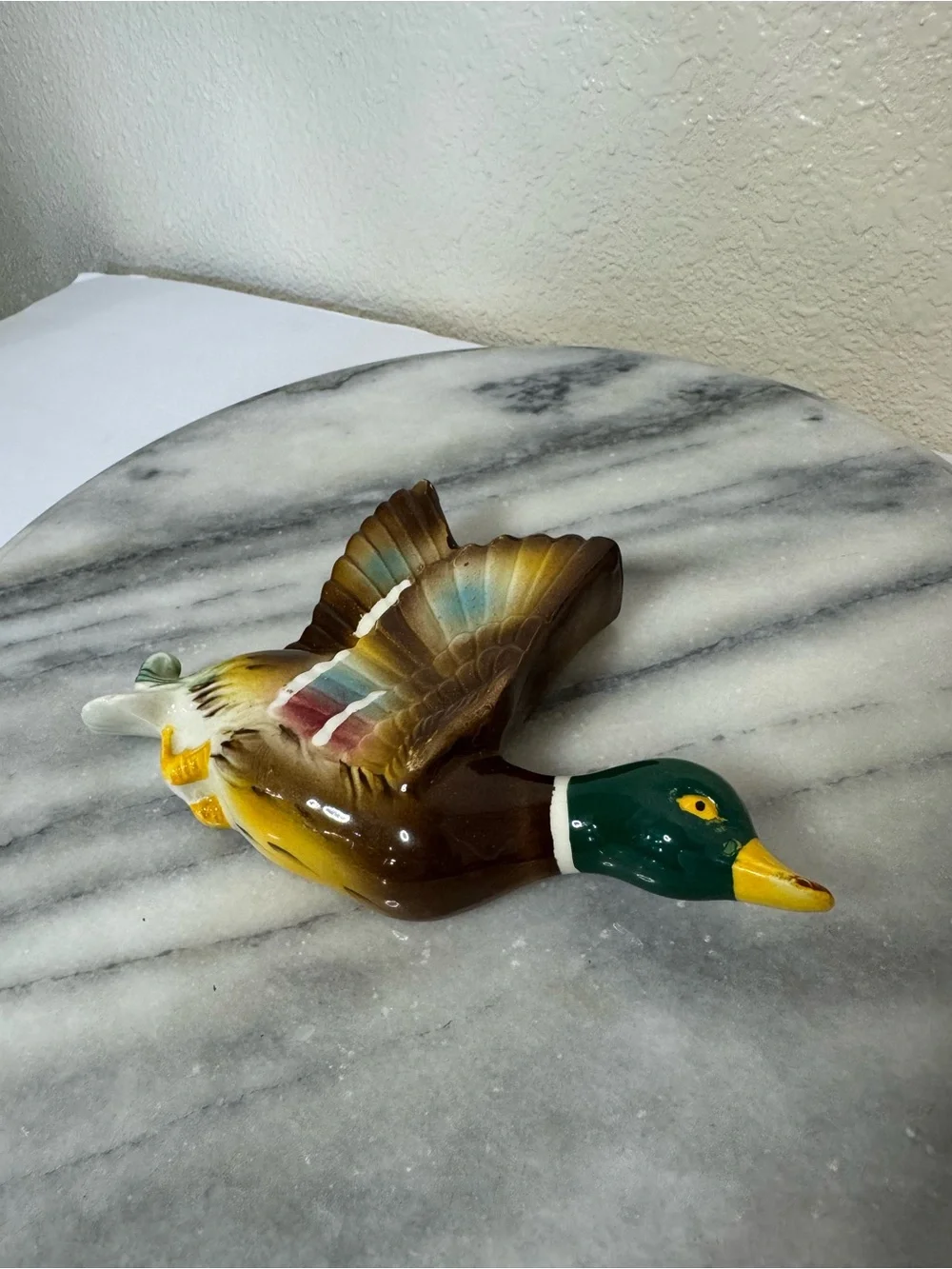 Vintage Hand-Painted Flying Mallard Wall Pocket Decor - Green/Brown